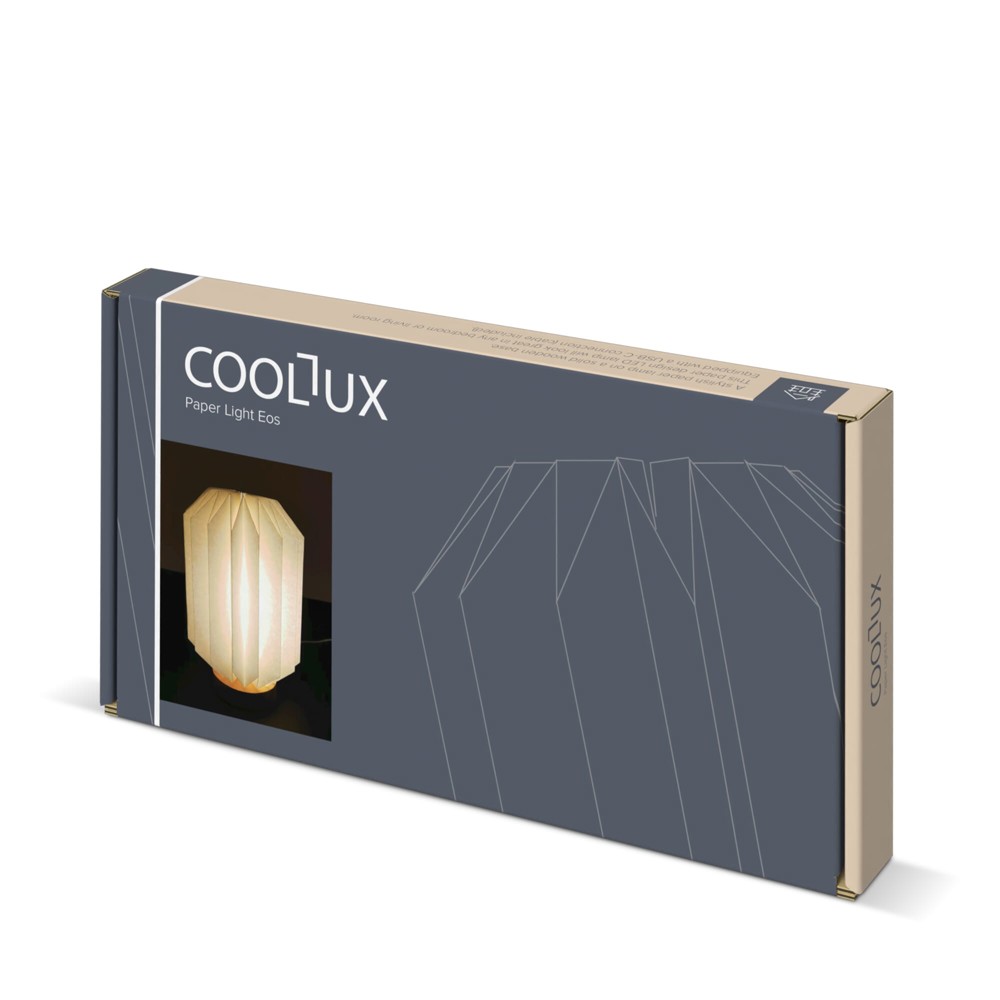 Coollux foldable paper LED lamp Eos on wooden base, 25 cm (letterbox size)